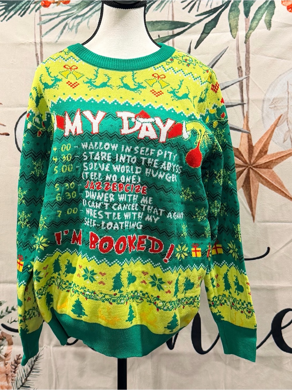Holiday 'My Day I'm Booked' Green Graphic Sweater (NWOT)